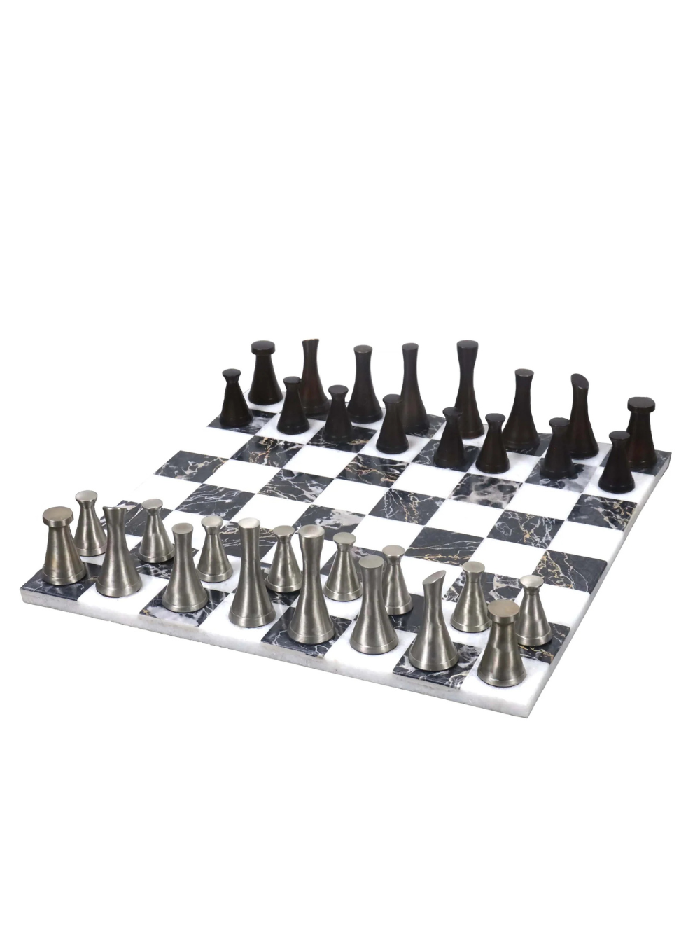 Schachspiel aus Messing – 3,1 Zoll große Turmschachfiguren und 15 Zoll großes Schachbrett aus schwarzem Marmor