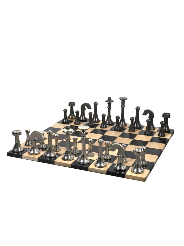Set di scacchi contemporaneo Tower 3,9" in ottone con scacchiera in ebano da 15"