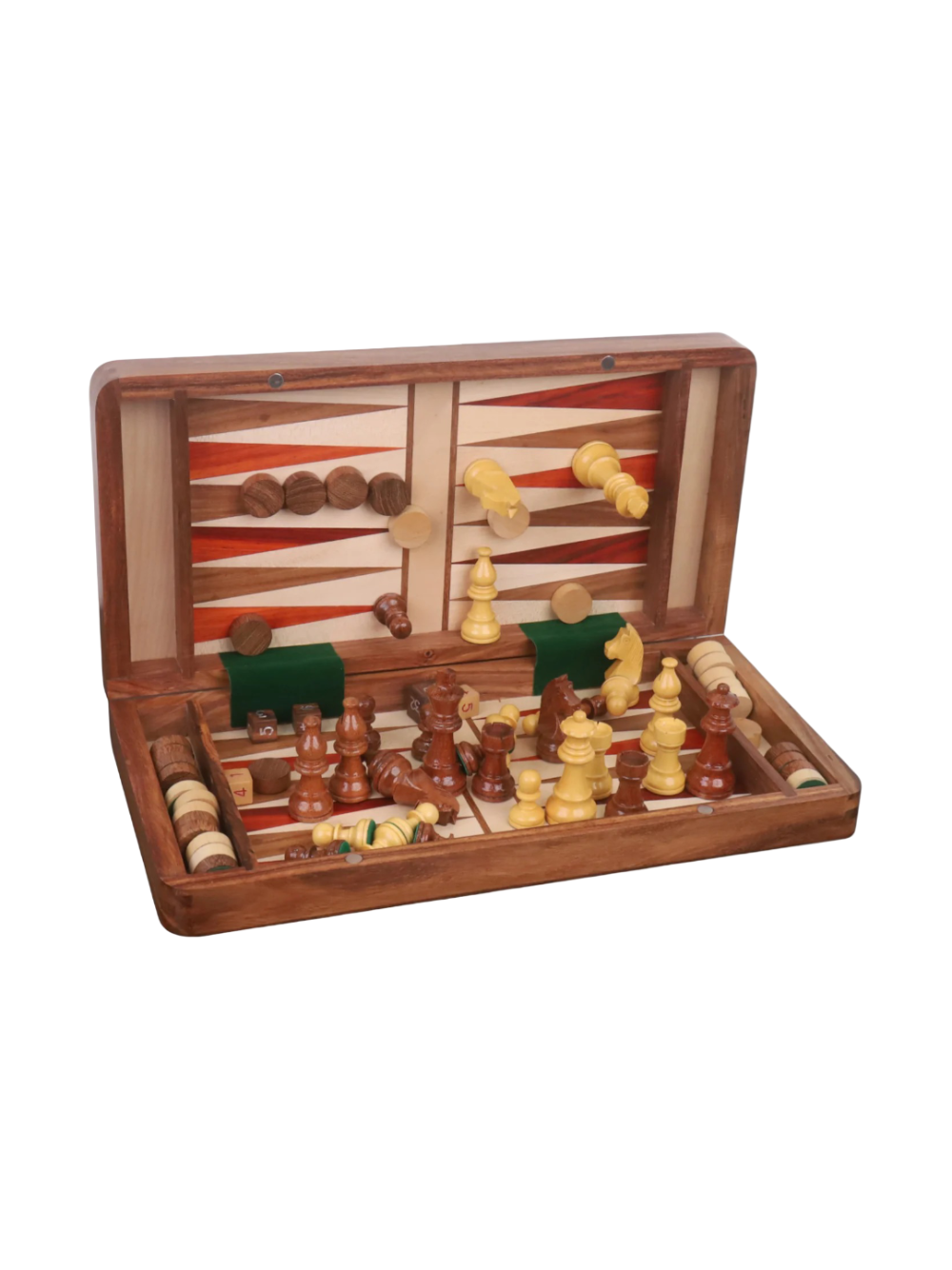 Jeu de voyage magnétique 2 en 1 (échecs et backgammon) en palissandre doré et palissandre bourgeonnant - 35,5 cm