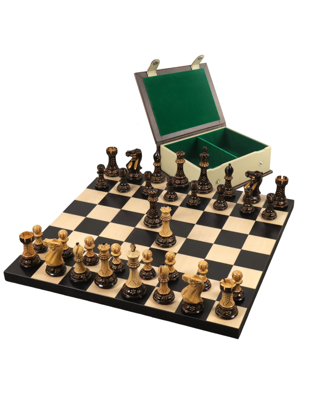 Jeu d'échecs professionnel Staunton 4" - Pièces en buis laqué brûlé avec plateau et boîte