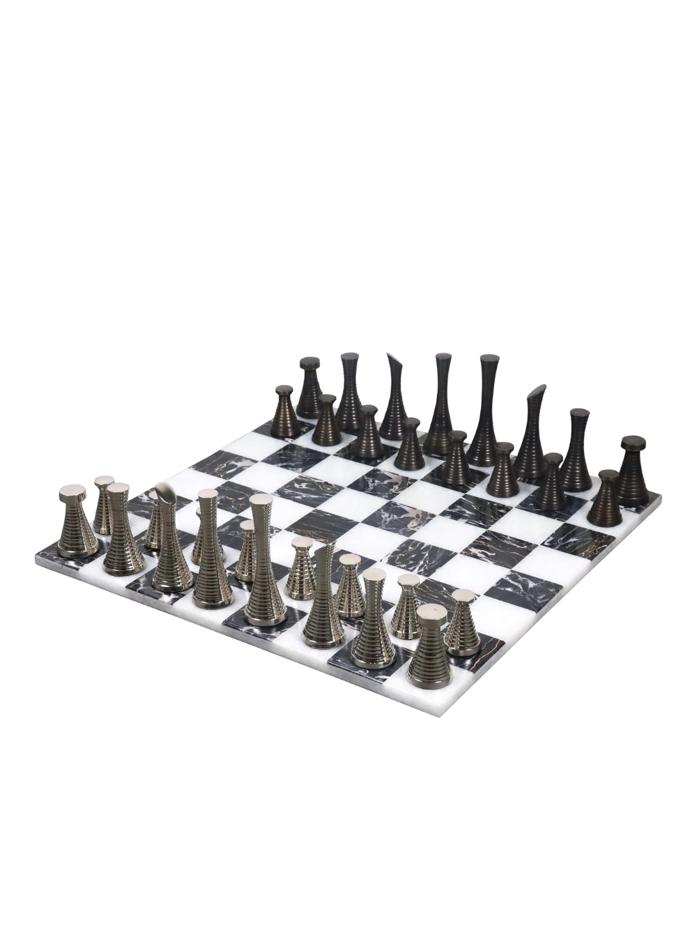 Set di scacchi Modern Tower 3,9" in ottone con scacchiera in marmo da 15"