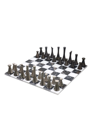 3.9" Brass Modern Tower Chess Pieces & 15" Marble Board Chess Set