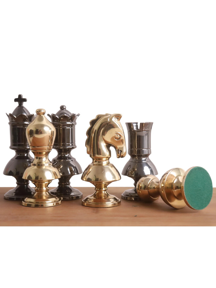 Set di Scacchi di Lusso Serie Vittoriana in Ottone 3,4" - Solo Pezzi - Oro Metallico e Grigio