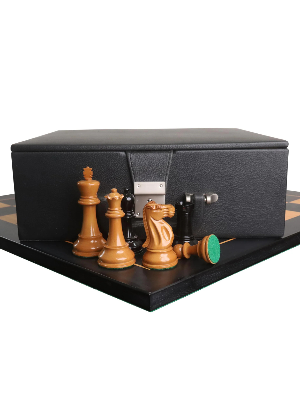 Jeu d'échecs Lessing Staunton 3,9" - Pièces en bois d'ébène et buis laqué vieilli avec plateau et boîte