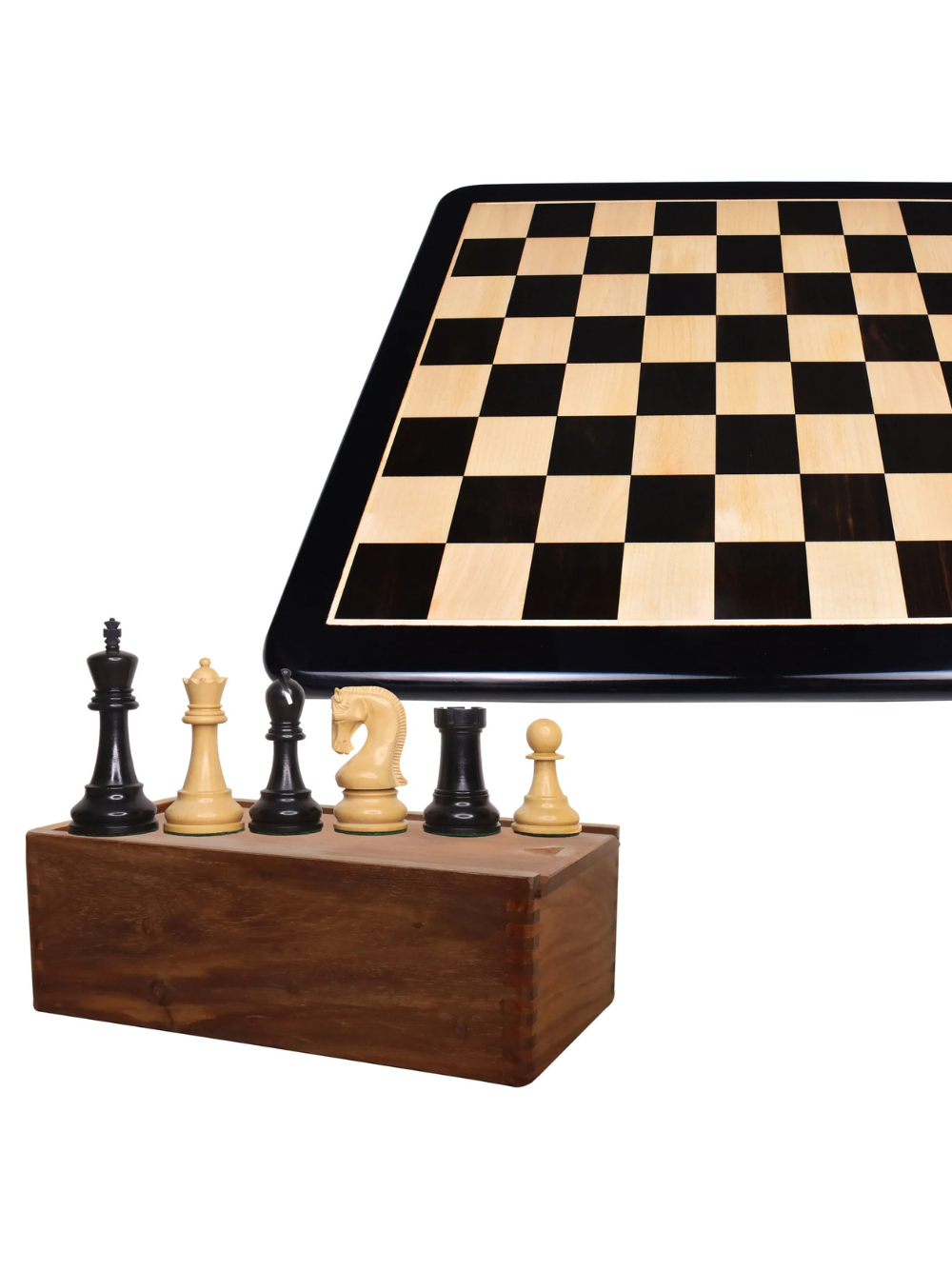 4" Leningrad Staunton Chess Set - Pieces in Ebonised Boxwood with Board and Box
