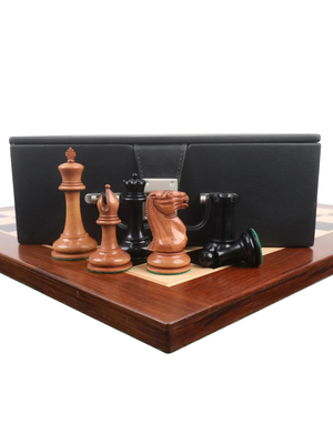 Jeu d'échecs Staunton type Cooke de 1849 - Pièces en bois d'ébène et buis vieilli, avec échiquier et coffret