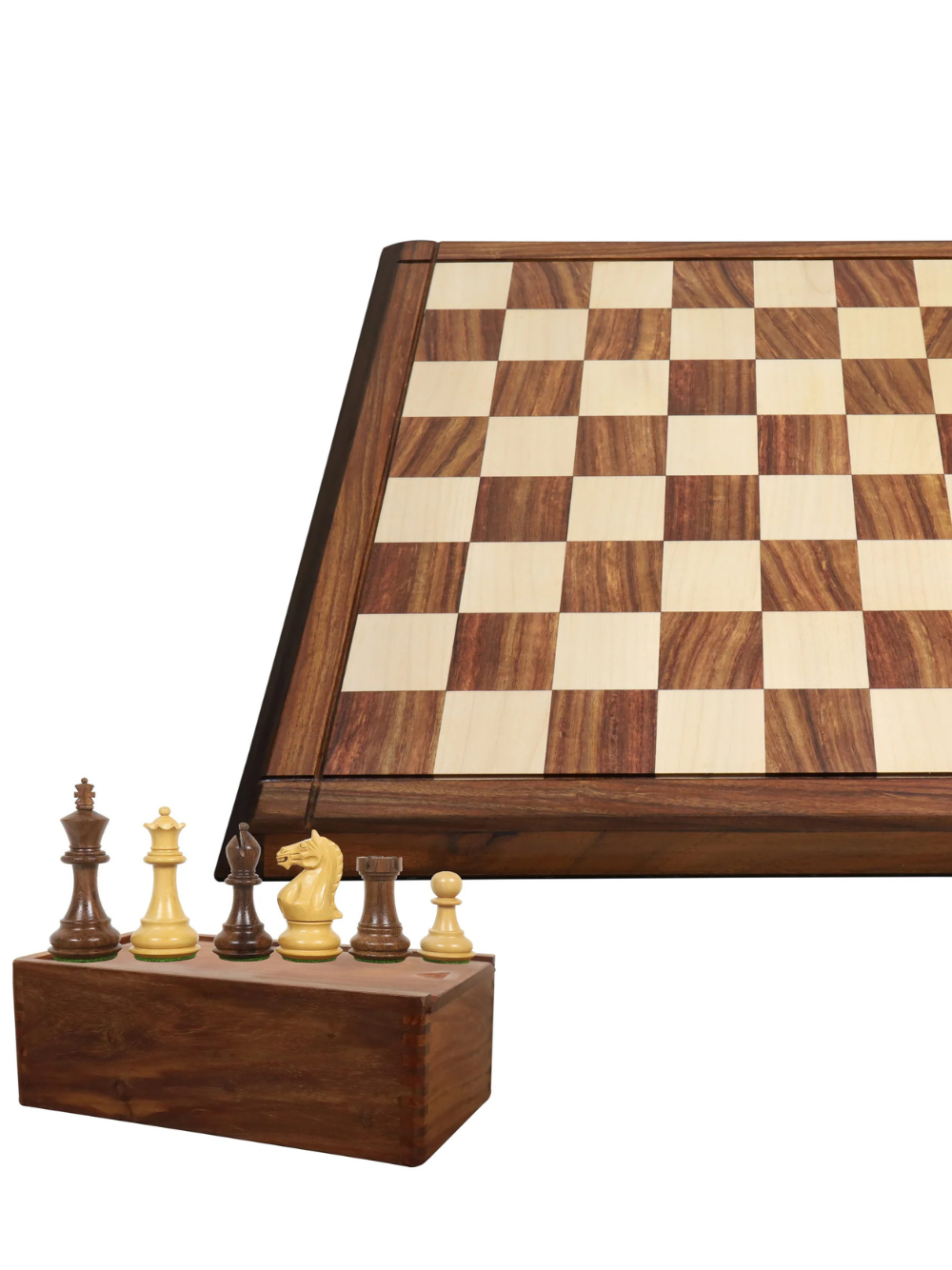 Queens Gambit Staunton Chess Set in Golden Rosewood with Board and Box