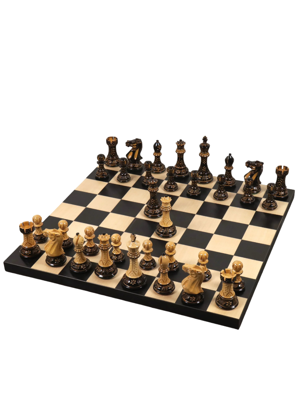 Jeu d'échecs professionnel Staunton 4" - Pièces en buis laqué brûlé avec plateau et boîte