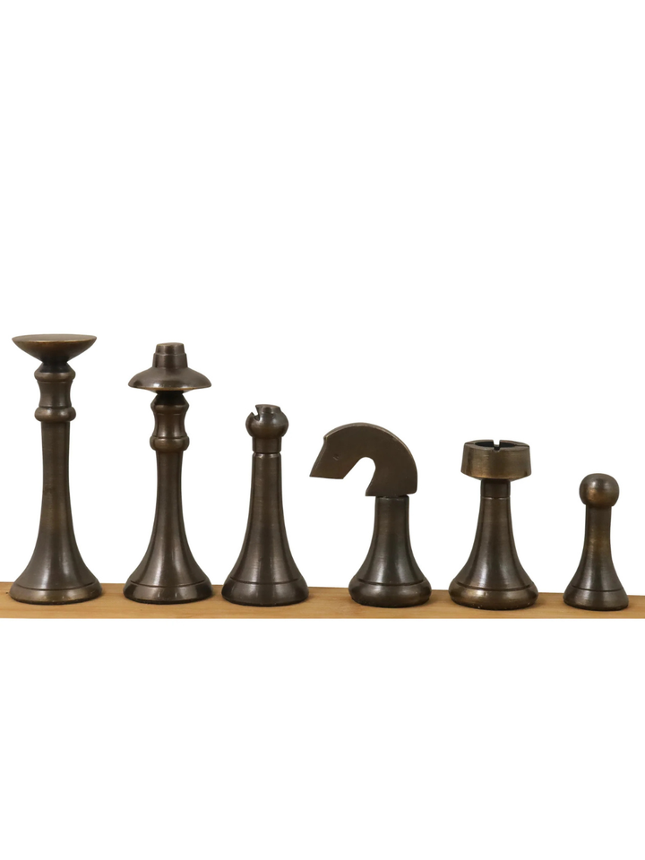Set di scacchi contemporaneo Tower 3,9" in ottone con scacchiera in ebano da 15"