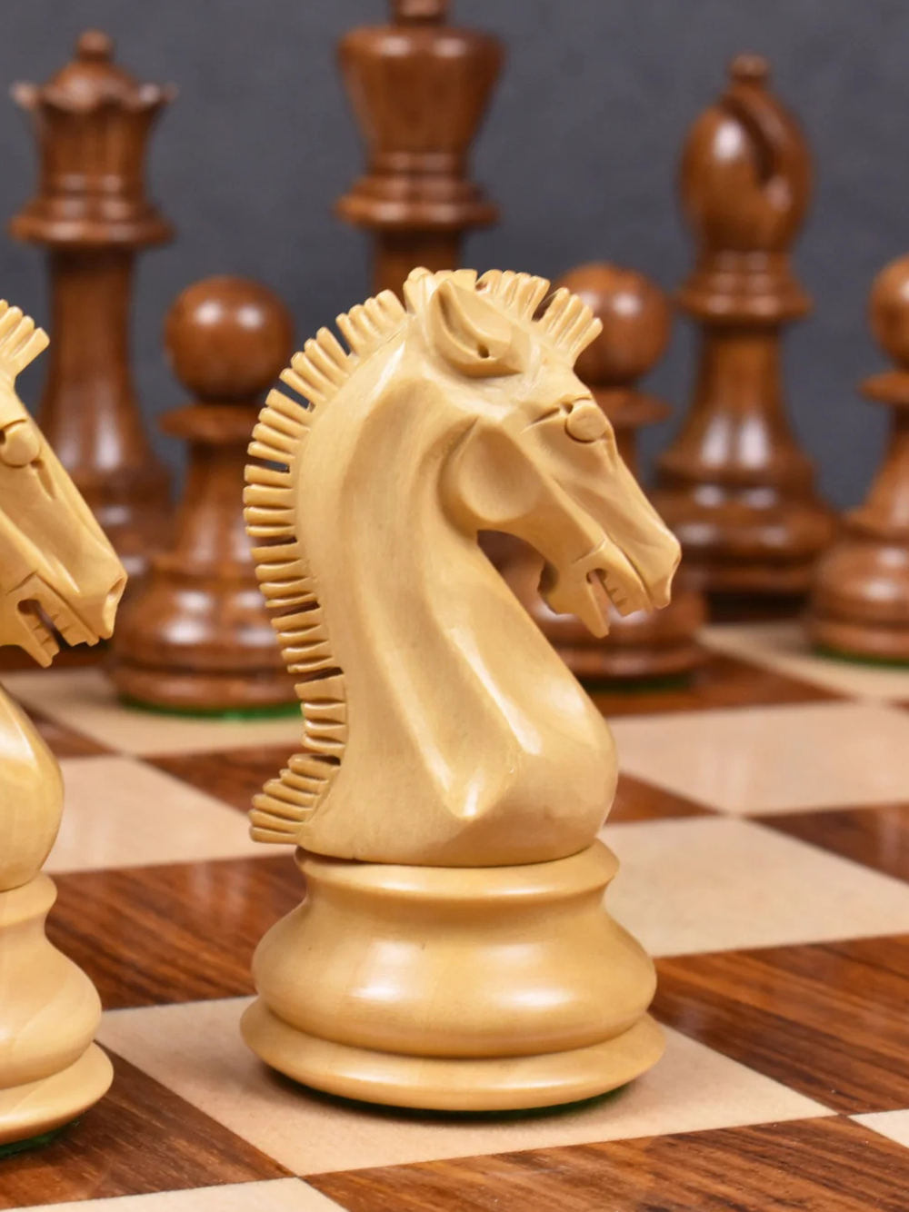 3.9" Craftsman Knight Staunton Chess Pieces Double Weighted Golden Rosewood
