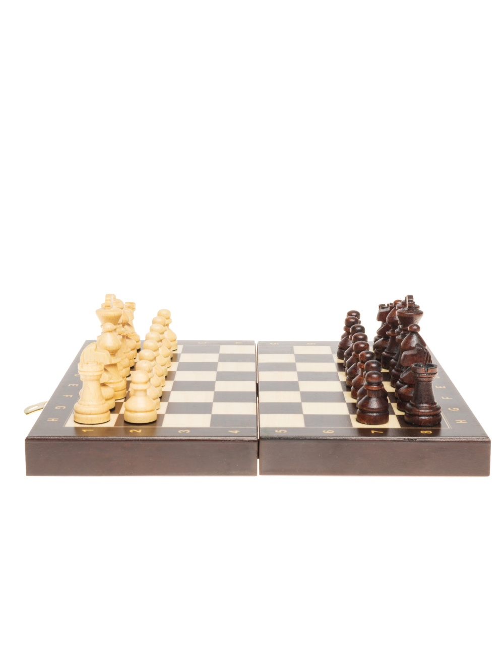 Jeu d'échecs miniature en bois avec plateau pliable