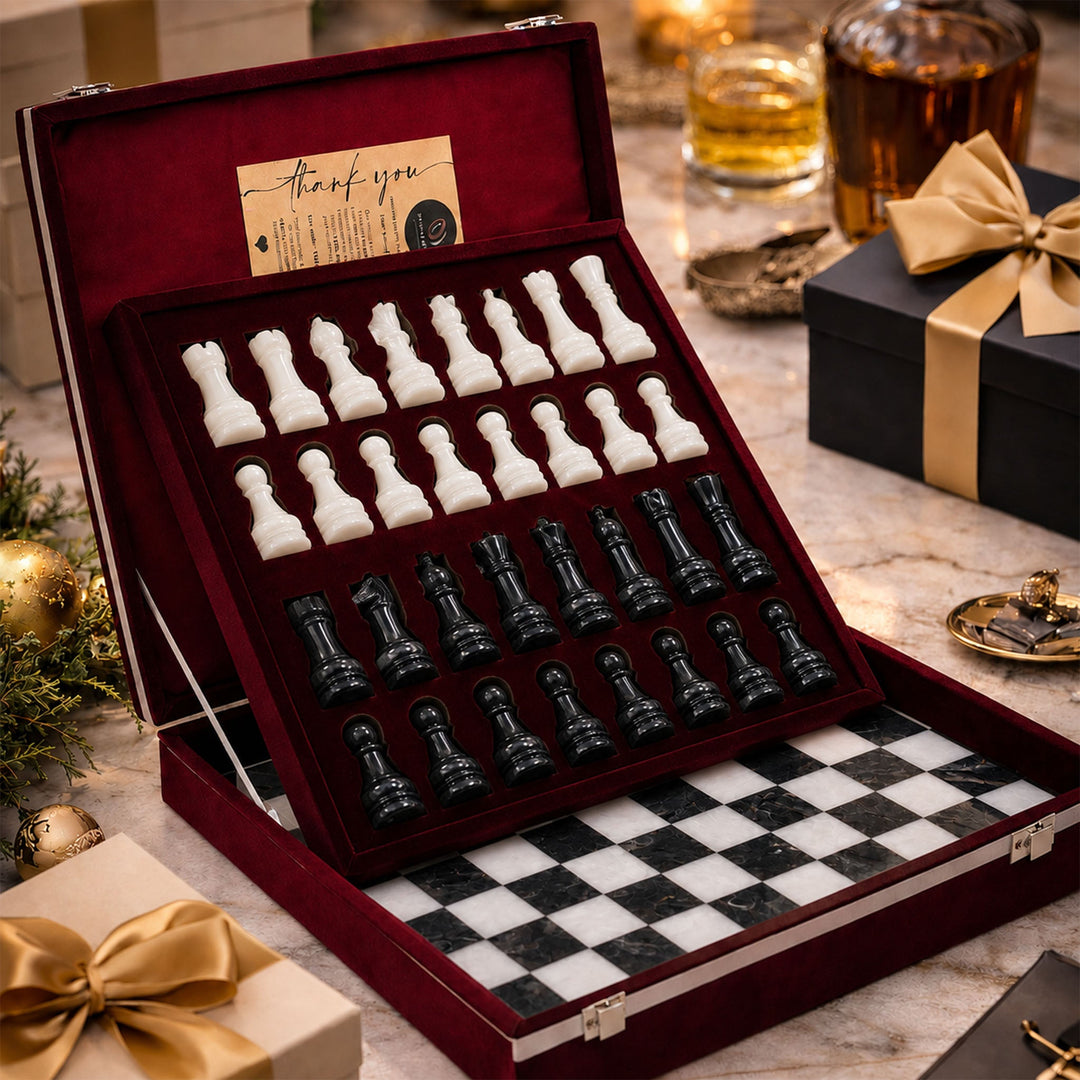 Black &amp; White Marble Chess Set 15 Inches | Handcrafted Luxury Chess Board