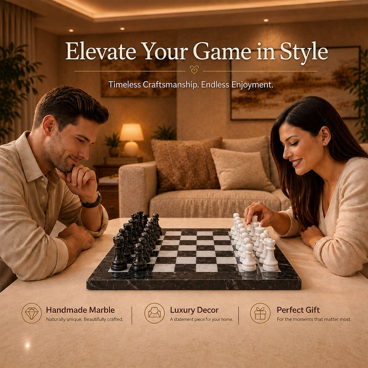 Black &amp; White Marble Chess Set 15 Inches | Handcrafted Luxury Chess Board