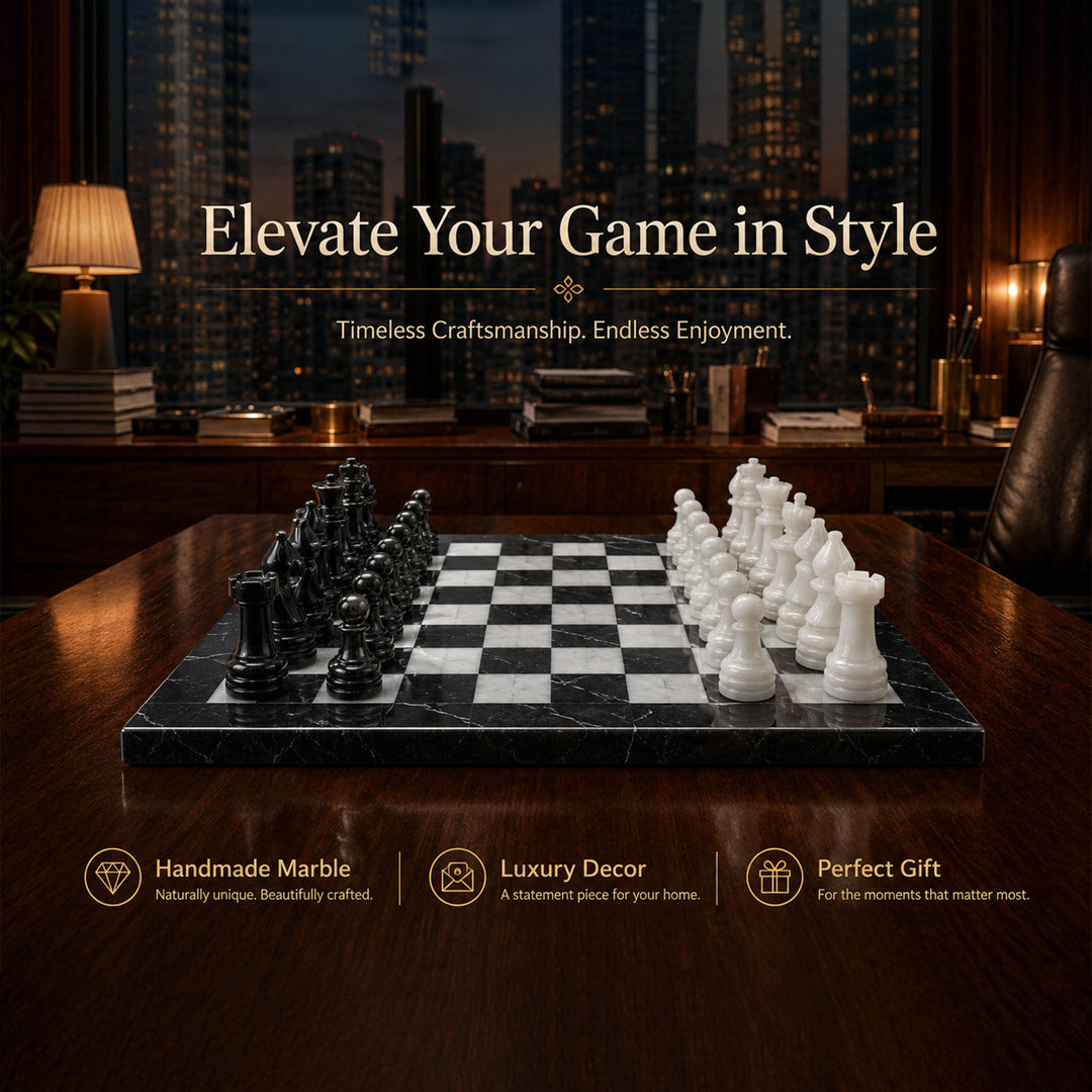 Black &amp; White Marble Chess Set 15 Inches | Handcrafted Luxury Chess Board