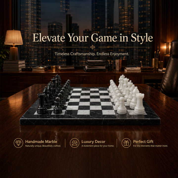 Black &amp; White Marble Chess Set 15 Inches | Handcrafted Luxury Chess Board