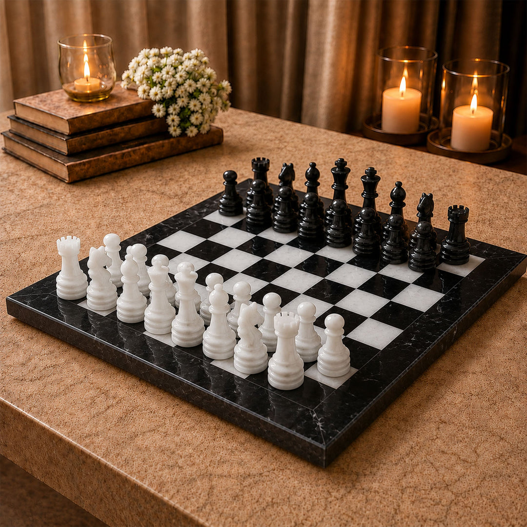 Black &amp; White Marble Chess Set 15 Inches | Handcrafted Luxury Chess Board